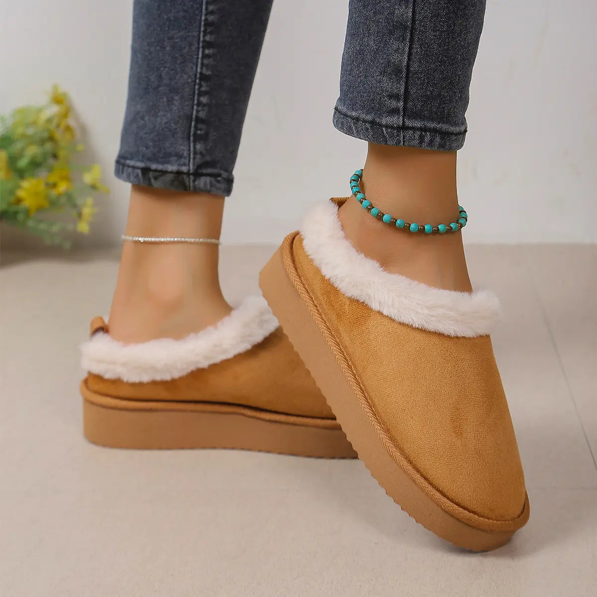 Slippers for Women, Elegant 3D Fluffy Ankle Booties with Warm Plush Lining, Cushioned Indoor House Shoes with Non-Slip Thick EVA Sole, House Slippers, Closed Toe, Walking Shoes