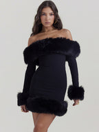 Winter Muse Faux Fur Mini Dress - Glamorous Off-Shoulder Party Look