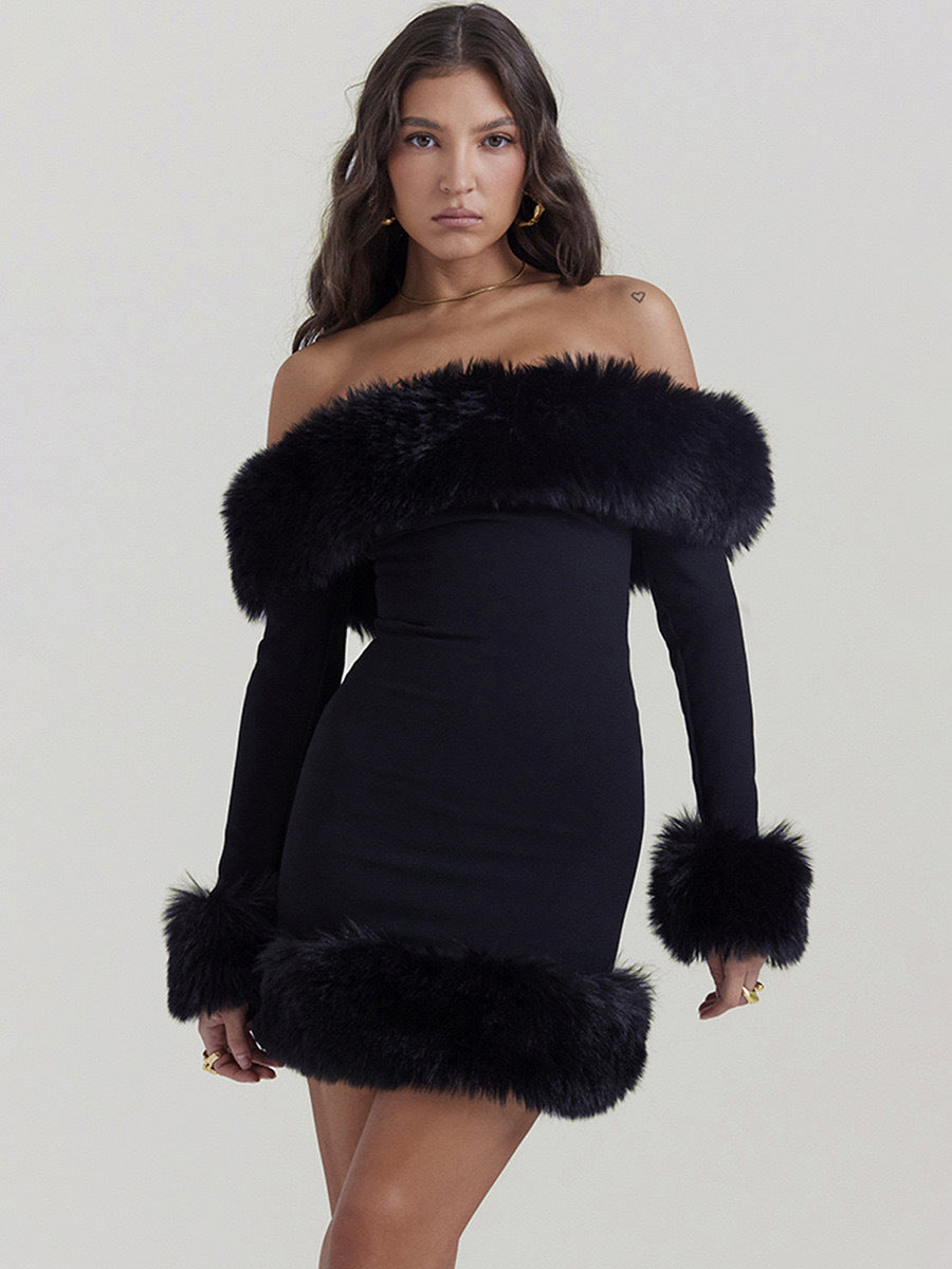 Winter Muse Faux Fur Mini Dress - Glamorous Off-Shoulder Party Look