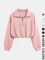 Women'S Half-Zip Stand Collar Drawstring Cropped Short Sweatshirt, Spring & Fall Casual Fashion, Comfortable and Stylish
