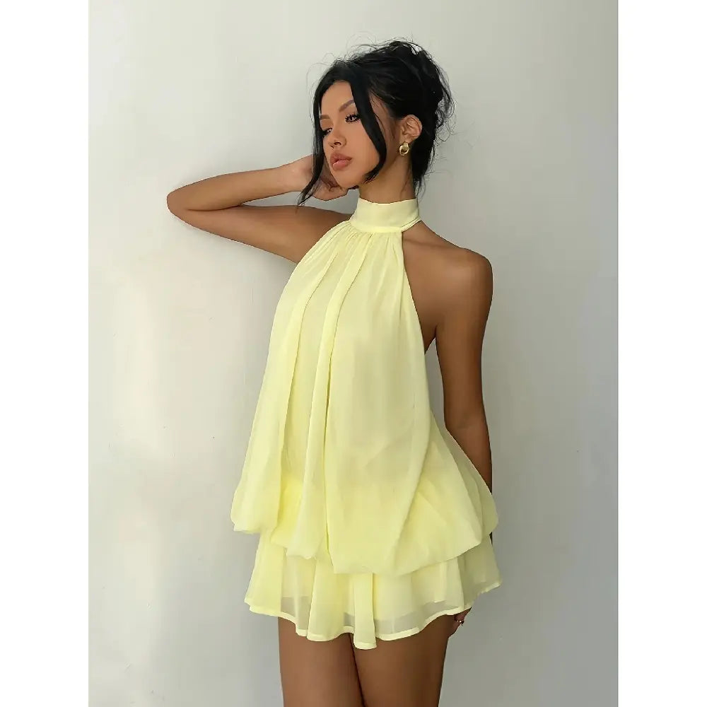 Chic Halter Neck Mini Dress for Women, Solid Yellow Chiffon Sleeveless Summer Going Out Outfit for Wedding Guest, Wedding Guest Dress, Ocean, Wedding Dresses Guest