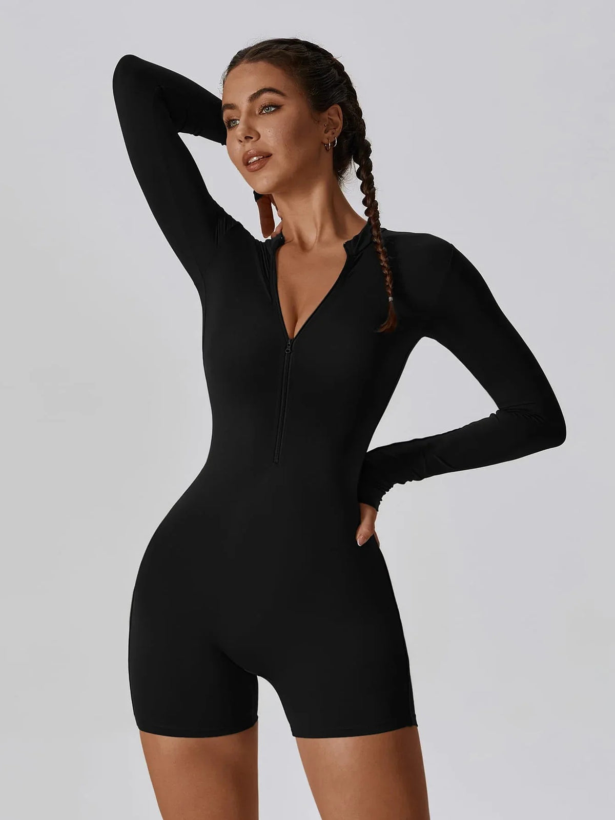 Sculpting Long-Sleeve Biker Romper - High-Performance Active One-Piece