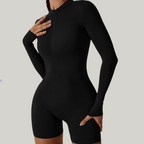 Sculpting Long-Sleeve Biker Romper - High-Performance Active One-Piece