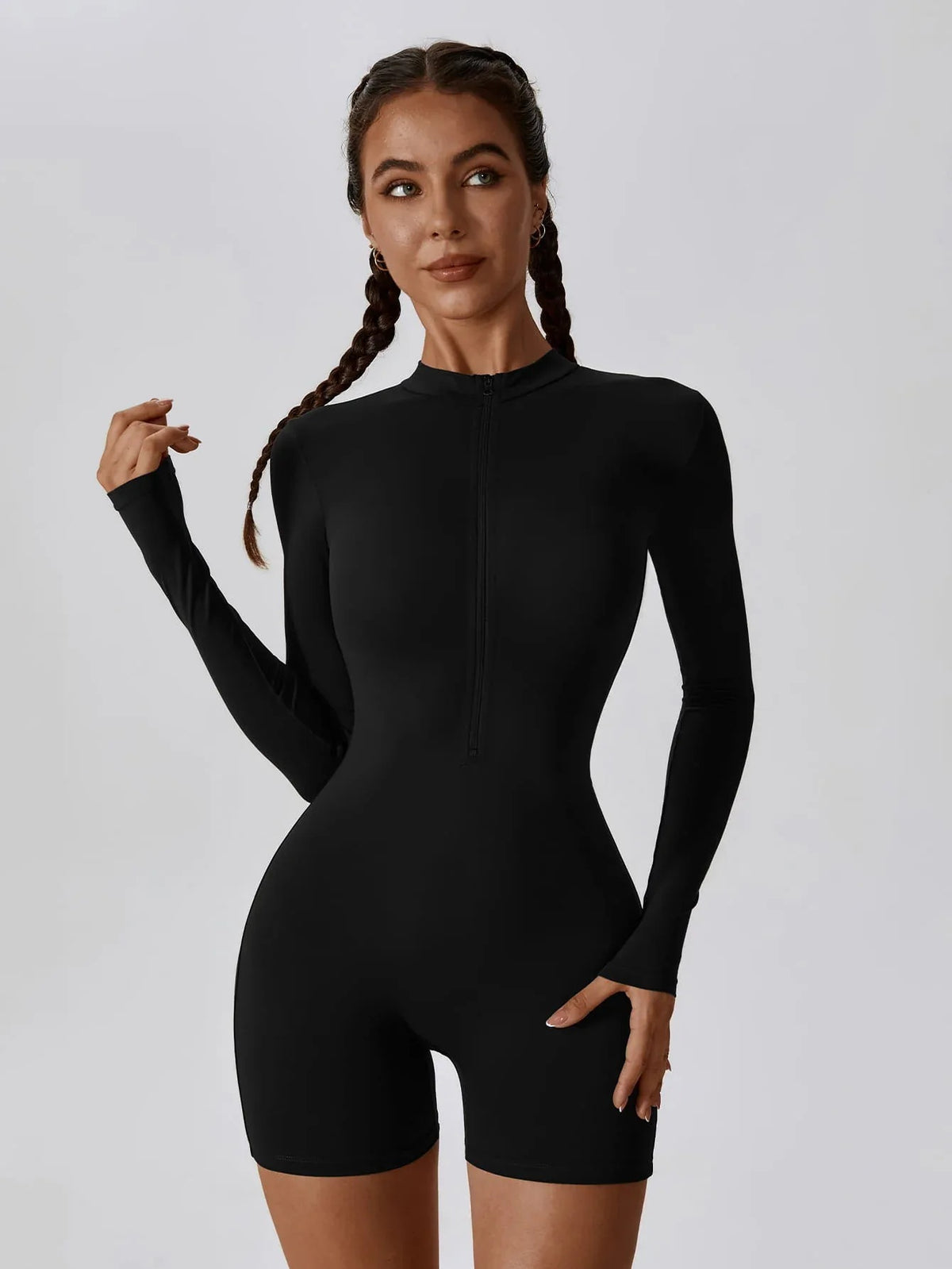 Sculpting Long-Sleeve Biker Romper - High-Performance Active One-Piece