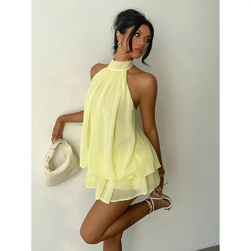 Chic Halter Neck Mini Dress for Women, Solid Yellow Chiffon Sleeveless Summer Going Out Outfit for Wedding Guest, Wedding Guest Dress, Ocean, Wedding Dresses Guest