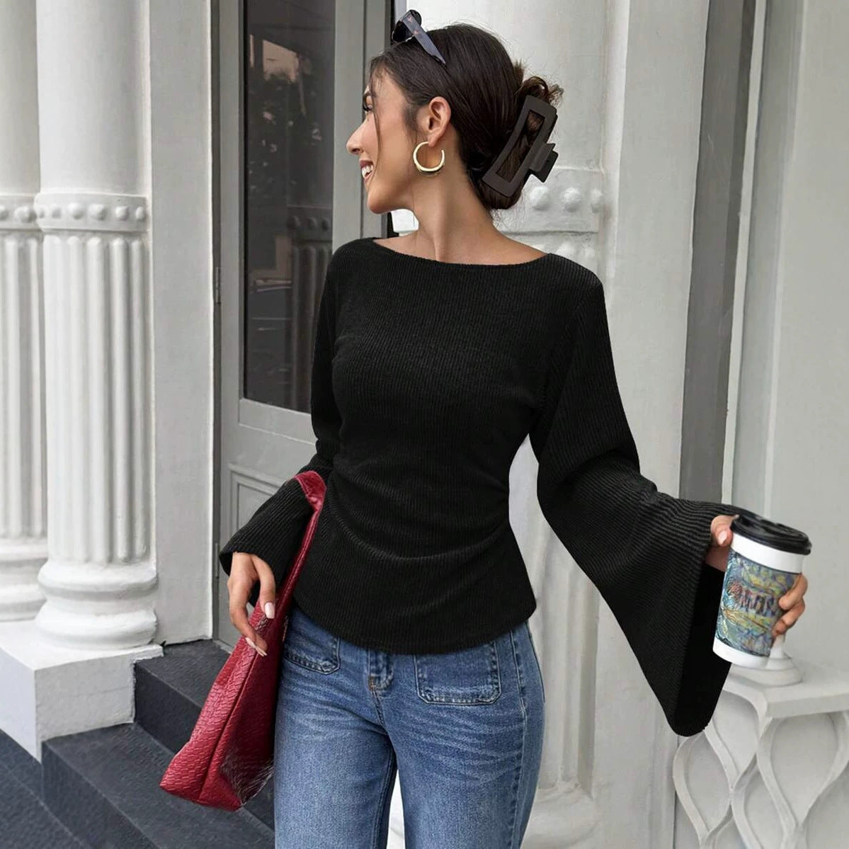 : The Studio Ribbed Boatneck Top with Statement Bell Sleeves