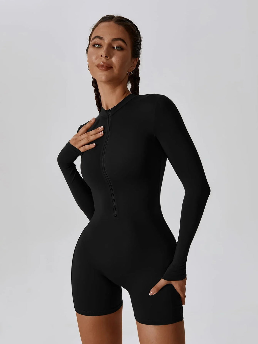 Sculpting Long-Sleeve Biker Romper - High-Performance Active One-Piece