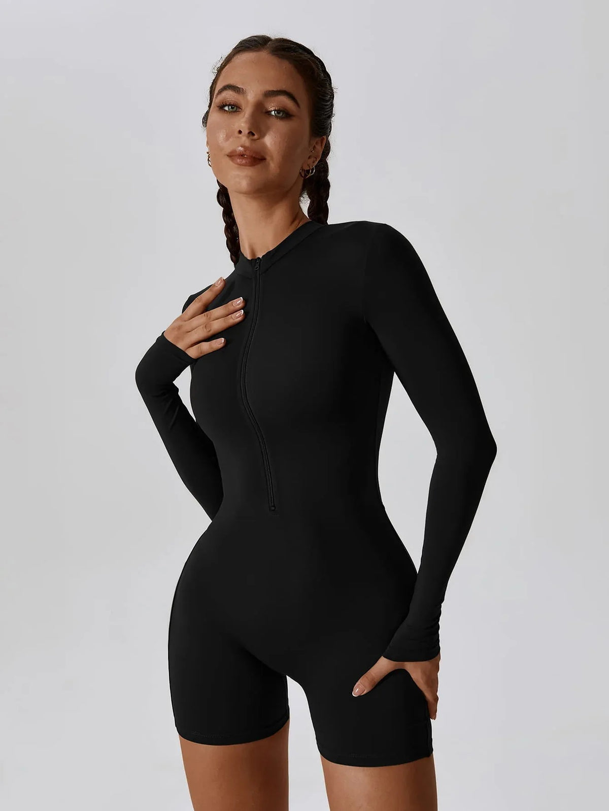 Sculpting Long-Sleeve Biker Romper - High-Performance Active One-Piece