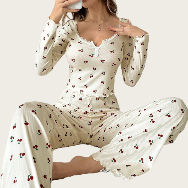 Vintage Cherry Ribbed Pajama Set - Cozy Two-Piece Loungewear