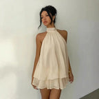 Chic Halter Neck Mini Dress for Women, Solid Yellow Chiffon Sleeveless Summer Going Out Outfit for Wedding Guest, Wedding Guest Dress, Ocean, Wedding Dresses Guest