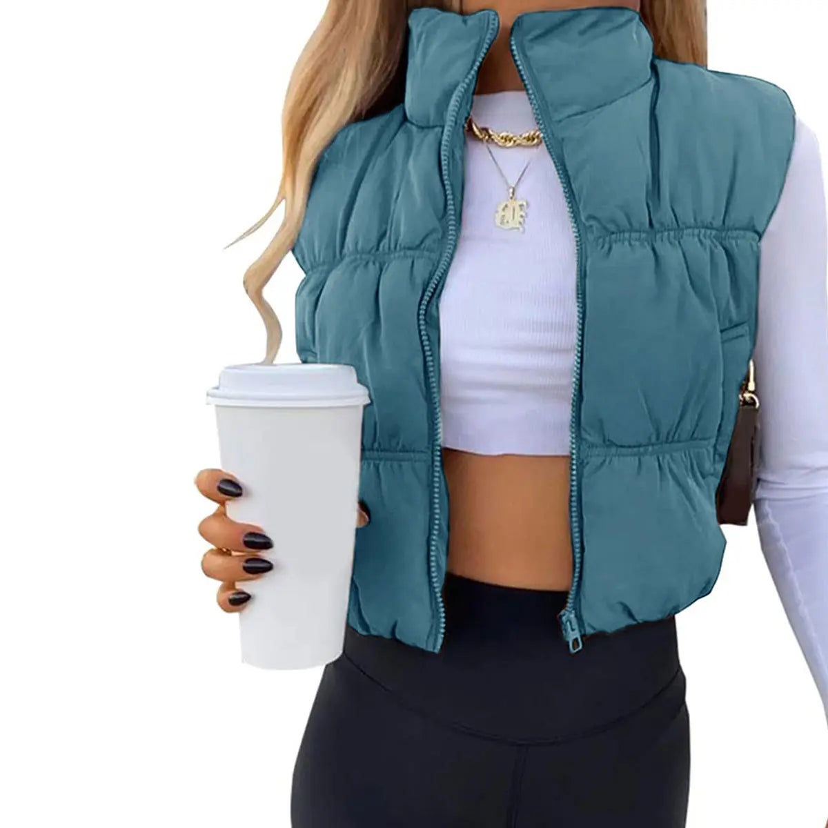 Yeokou Women'S Beige Collared Cropped Puffer Vest - Full Zip, Sleeveless, Warm Padded, Minimalist Basic Tops for Casual Autumn Wear