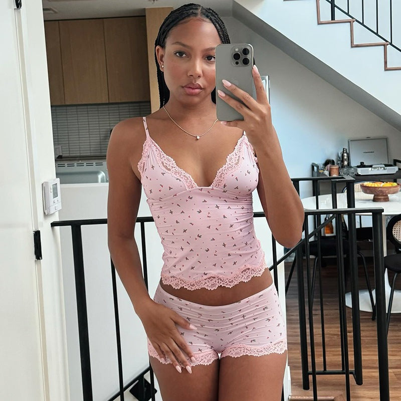 Floral Lace Trim Cami & Short Set - Sweet Vintage Loungewear