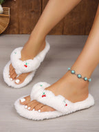 Cherry Embroidery Fuzzy Open-Toe Slippers for Women, Criss-Cross Strap Design, Non-Slip Soft Sole, Casual Home & Outdoor Wear for Fall & Winter