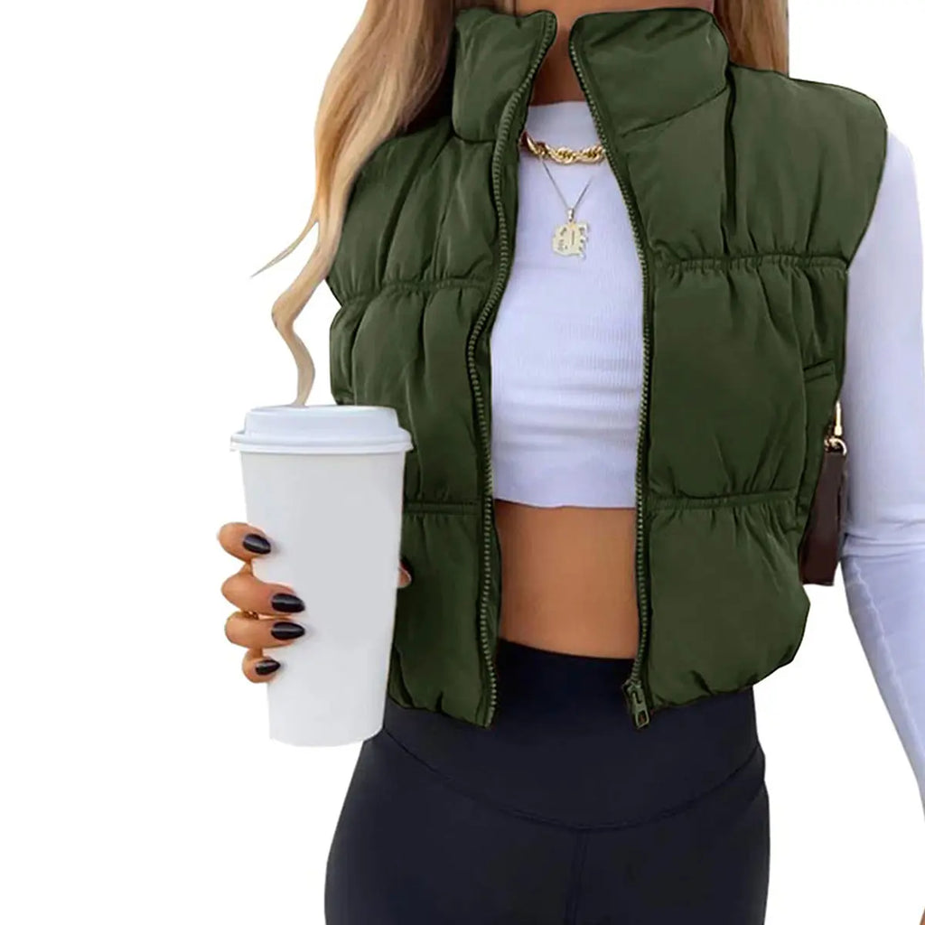 Yeokou Women'S Beige Collared Cropped Puffer Vest - Full Zip, Sleeveless, Warm Padded, Minimalist Basic Tops for Casual Autumn Wear