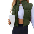 Yeokou Women'S Beige Collared Cropped Puffer Vest - Full Zip, Sleeveless, Warm Padded, Minimalist Basic Tops for Casual Autumn Wear
