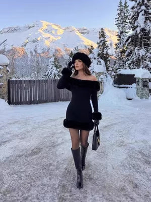 Winter Muse Faux Fur Mini Dress - Glamorous Off-Shoulder Party Look