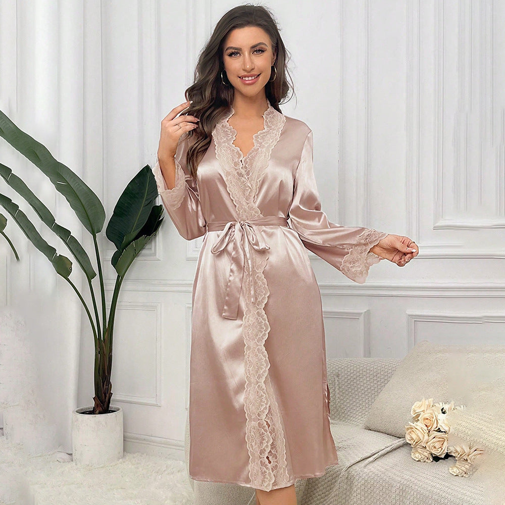 Ethereal Lace Satin Robe Set - Luxurious Evening Loungewear