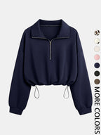 Women'S Half-Zip Stand Collar Drawstring Cropped Short Sweatshirt, Spring & Fall Casual Fashion, Comfortable and Stylish