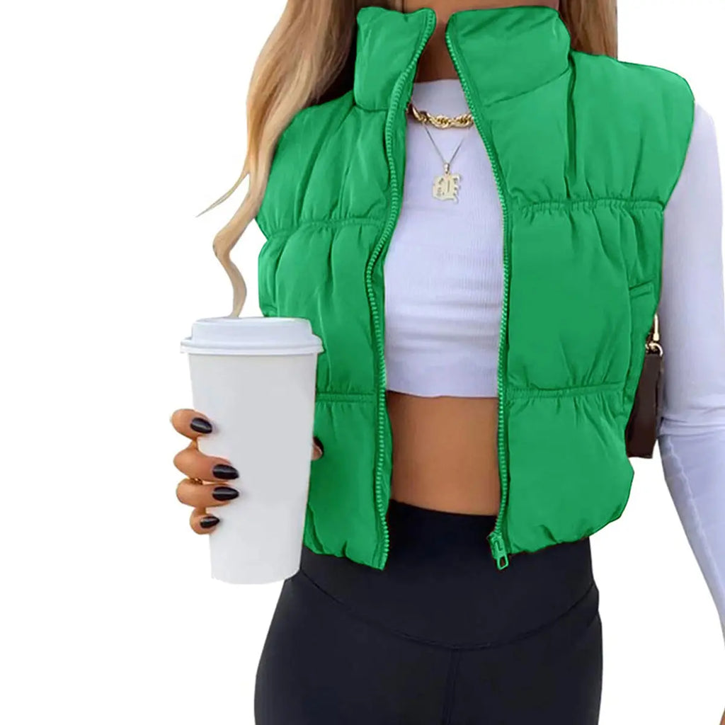 Yeokou Women'S Beige Collared Cropped Puffer Vest - Full Zip, Sleeveless, Warm Padded, Minimalist Basic Tops for Casual Autumn Wear