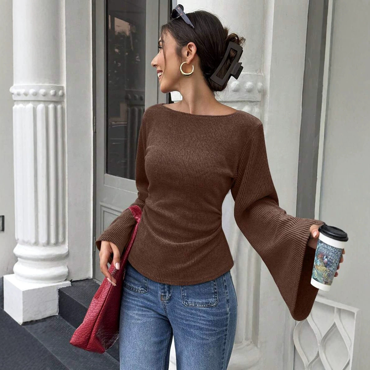 : The Studio Ribbed Boatneck Top with Statement Bell Sleeves